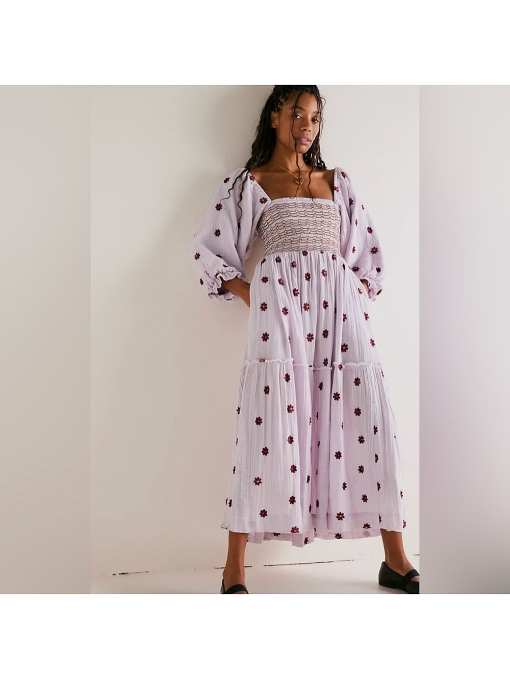 Free People Smocked Square-Neck Lilac Dahlia Maxi Dress with Floral Embroidery